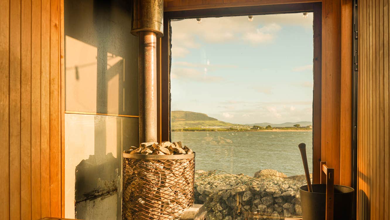 Coastal views from inside The Hot Box Sauna Rosses Point in Sligo