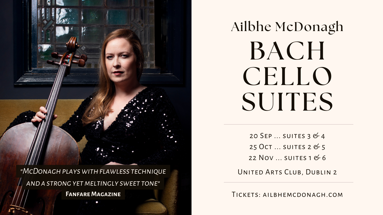 Ailbhe McDonagh performs the Bach Cello Suites in Dublin on 22 November 2023. A woman in black, sparkly dress in seated holding a cello.
