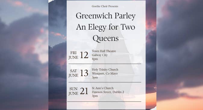Image showing title of concert series and list of performance dates against the background of a stormy sky and tall ship