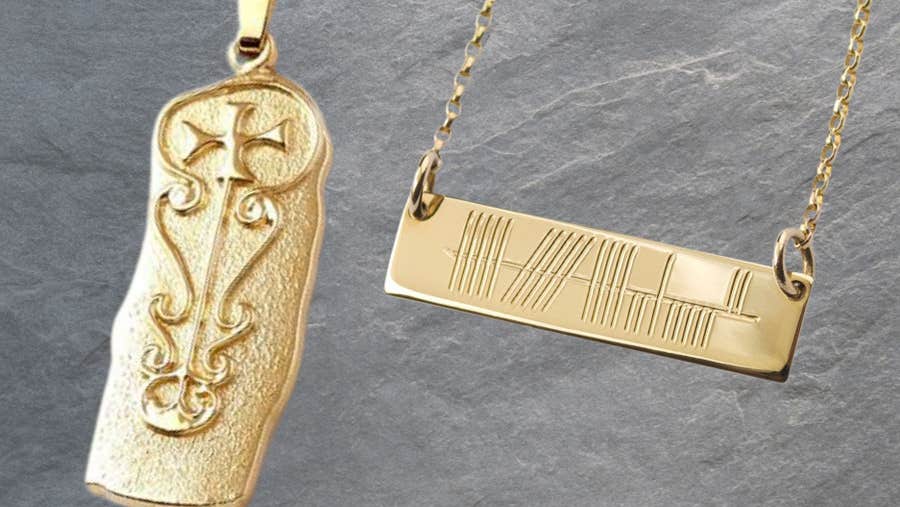 Two gold pendants with Celtic design on one and ancient Ogham markings on the other