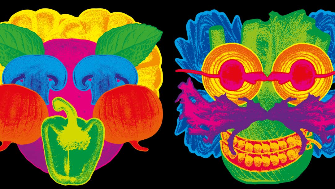 2 faces made up from colourful various vegetables against black background.
