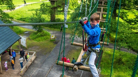 A young boy midway across an open rope and timber bridge