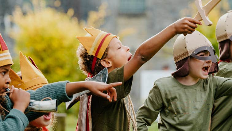 Five children dressed in costumes outside Birr Castle, County Offaly