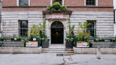 The exterior of a Georgian house with plants either side of the entrance
