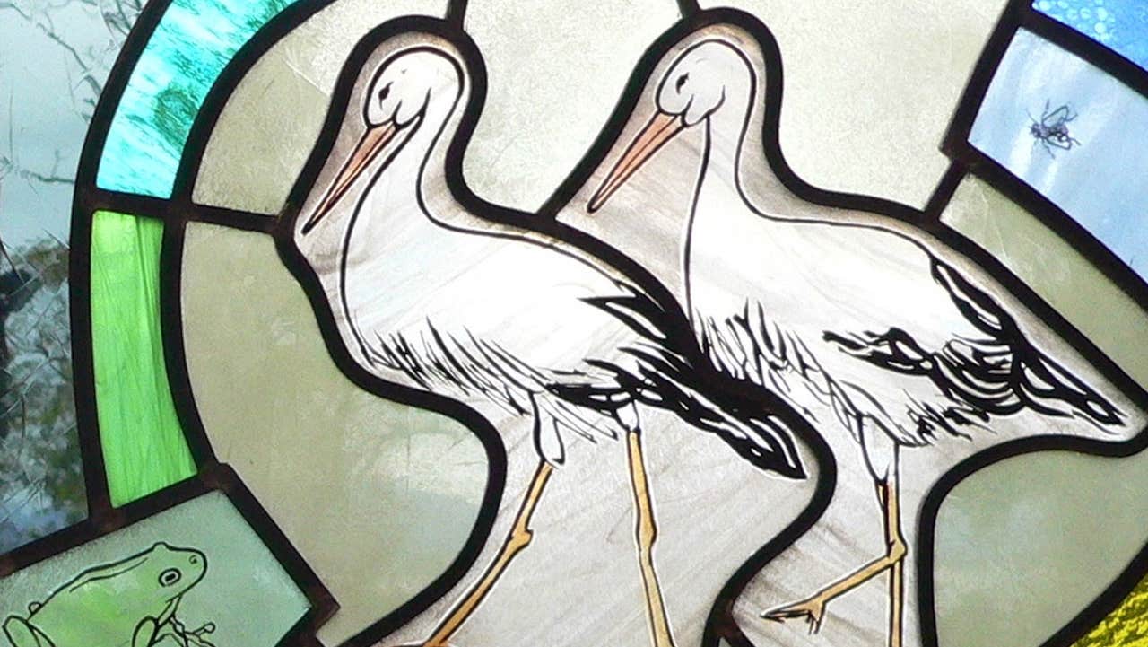Image of storks and frog in stained glass