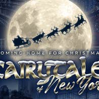 A Fairytale for Christmas, a large full moon with silhouette of santa sleigh with reindeer and dark gold text.