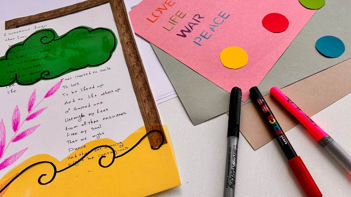 Bealtaine Workshop for Older Adults: Scents of Life, looking down at simple art works on a table with some pens.