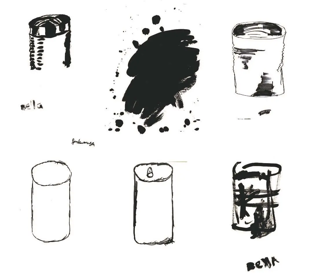 Work created by Yes We Can Can Can project, black hand drawn images of cans against white background.