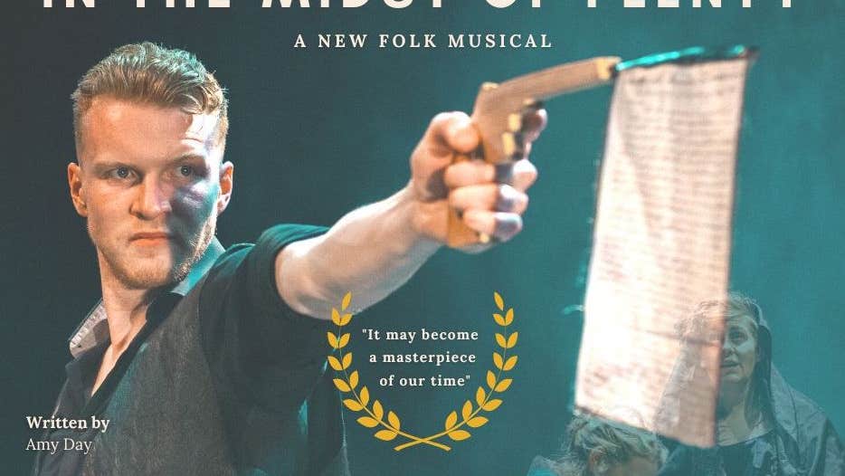 Part of the promotional info showing a man in a dark green top with an outstretched left arm holding a replica pistol which has a piece of pale cloth/paper with writing on hanging down from it.