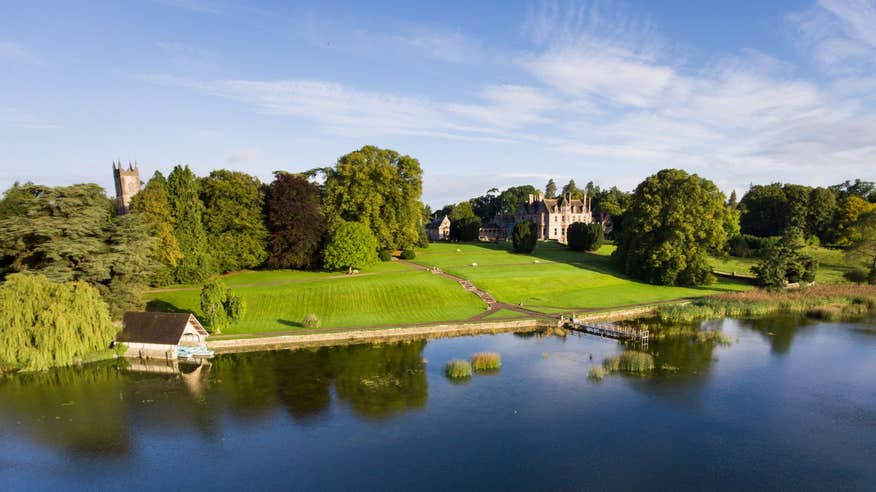An aerial view of Castle Leslie Estate and surrounding buildings in Monaghan
