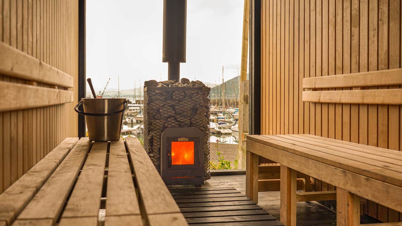 Interior of a sauna at The Hot Box Sauna Carlingford Marina