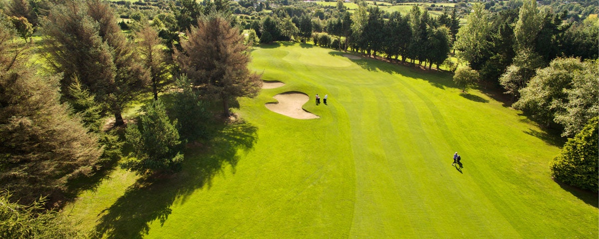 Aerial view of Edmondstown Golf Club surrounded by trees with some golfers and a sand bunker
