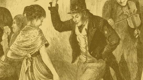 Part of old picture in grey and yellow of man and woman dancing to man playing fiddle behind.