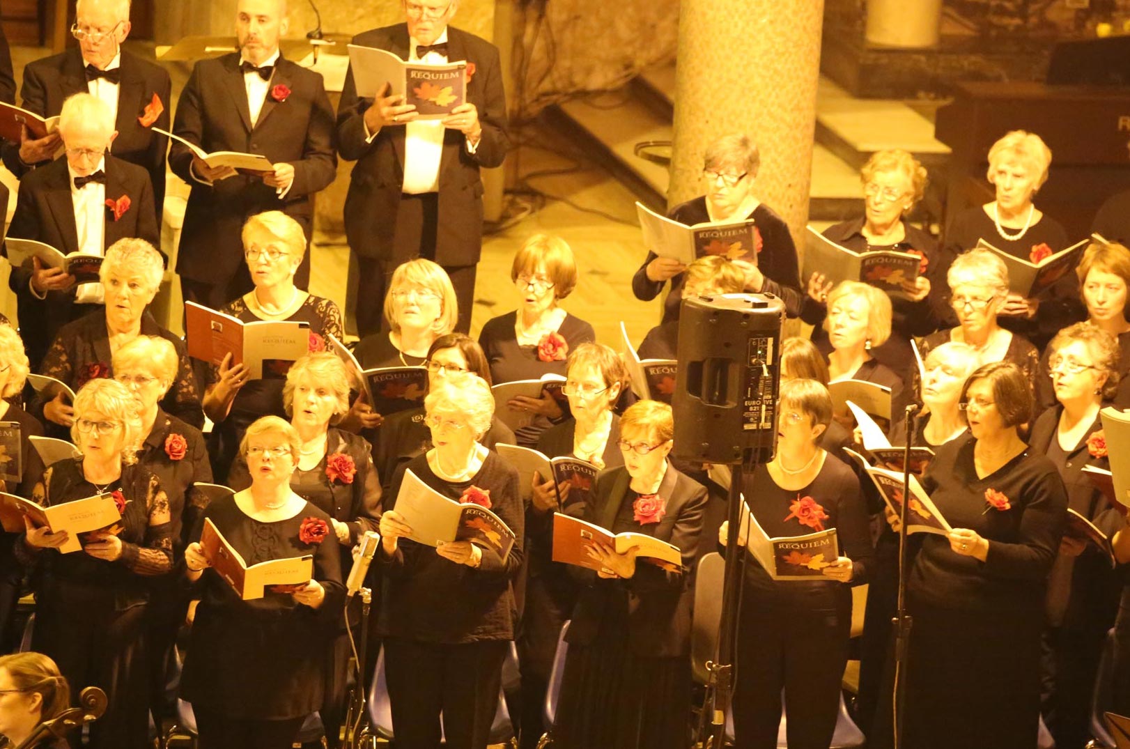 Yellow tinted photo of a large group of singers holding open scores, all wearing black with red flower pin.