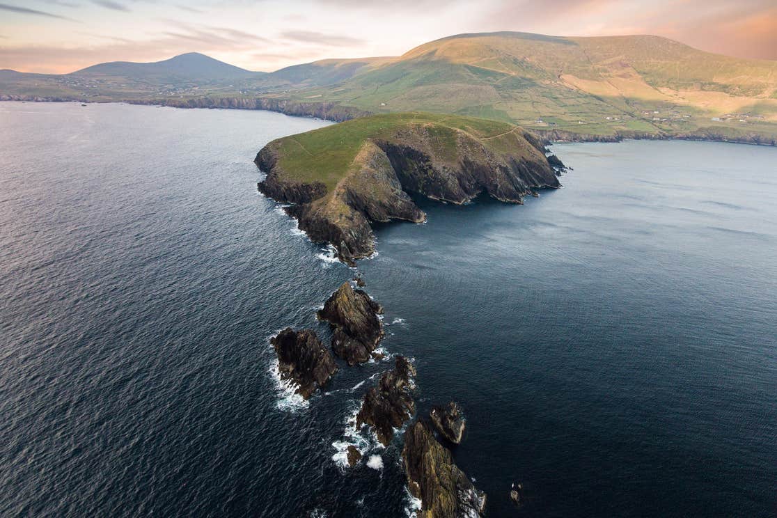 A bird's eye view of the water surrounding Dunmore Head in County Kerry