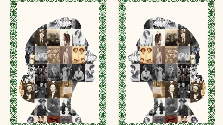 Side profile of woman's head filled with small old photos of women in history, Images reproduced courtesy of the National Library of Ireland & George Grantham Bain Collection, Library of Congress, Prints & Photographs Division