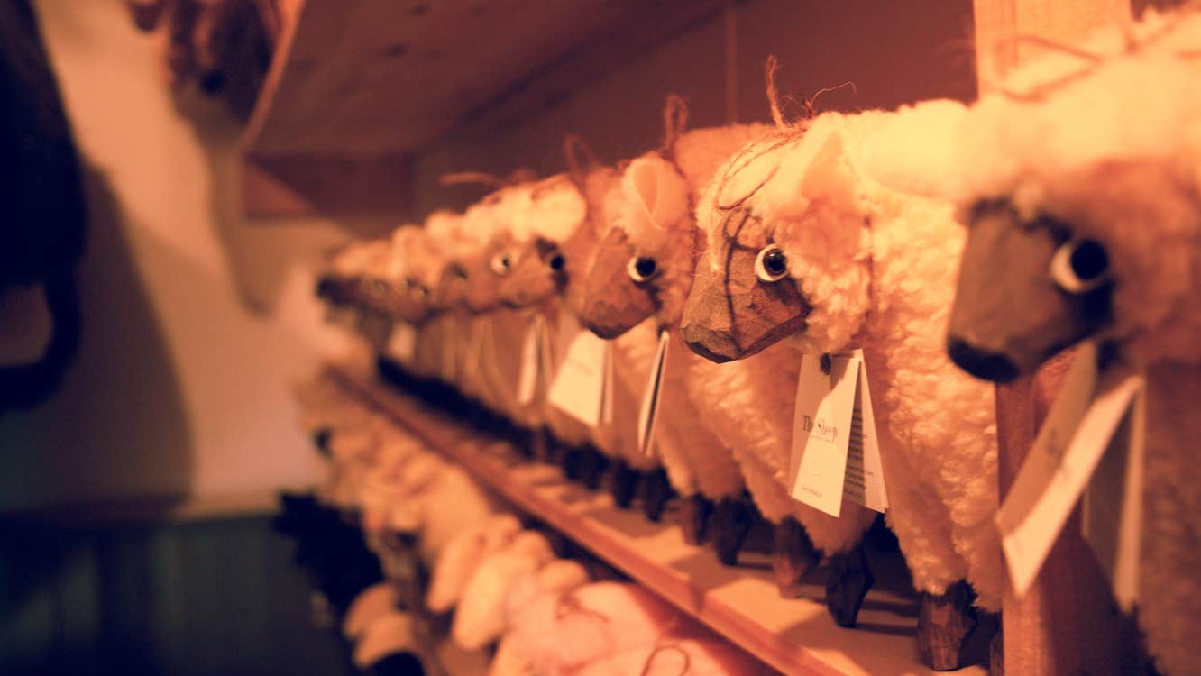 Two shelves with rows of wooden sheep with tags on them
