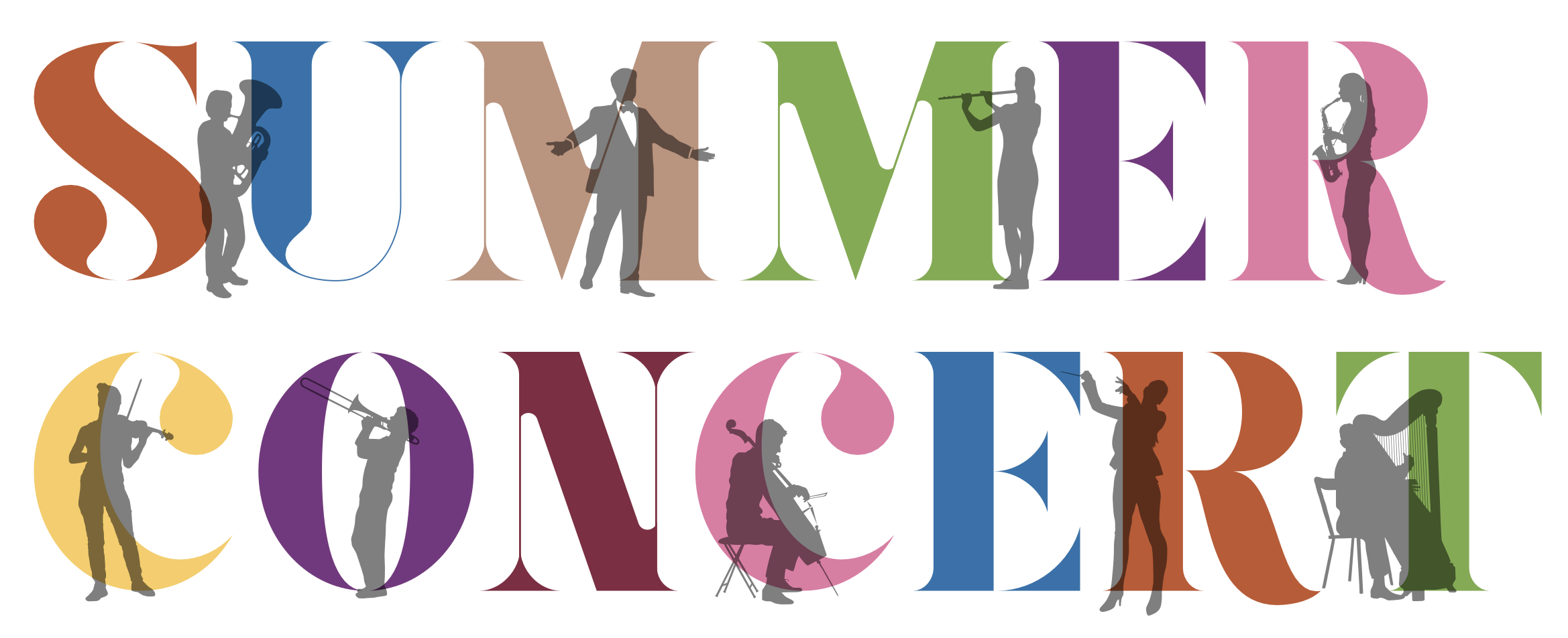 Colourful letters spelling "Summer Concert" featuring silhouette images of musicians