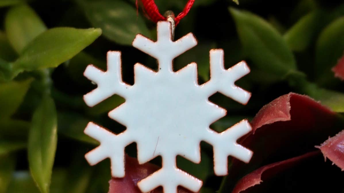 A white enamelled decoration in the shape of a snowflake with dark leaves in the background.