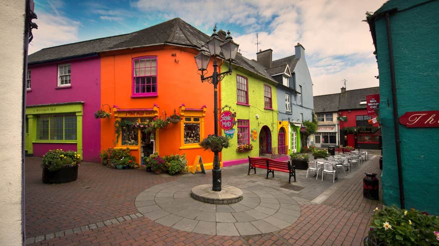 Colourful buildings with outdoor seating in Kinsale, West Cork