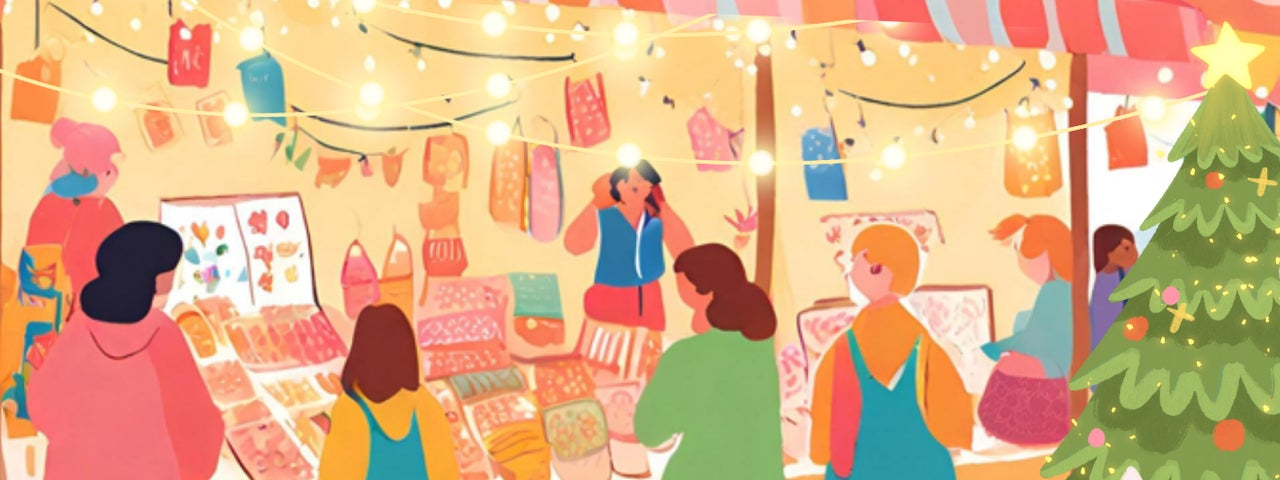 Colourful cartoon type image of outdoor stalls in a market with people browsing and a christmas tree in the corner.