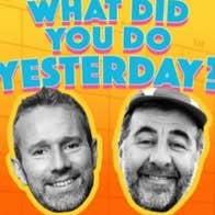 2 smiling heads of men against orange background with blue text.