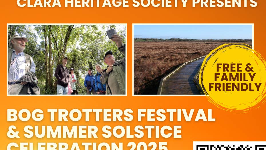 Part of poster with orange background with 2 photos from Bog Trotters Festival 2025