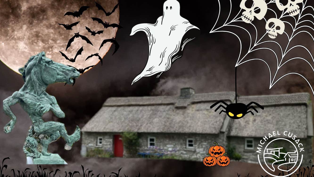 Black and white photo of old thatched cottage at night overlaid with halloween images.