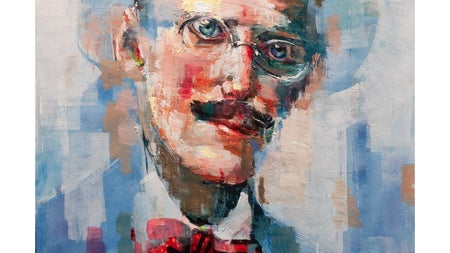 Portrait of a man with glasses wearing a blue suit a hat and a red bow tie