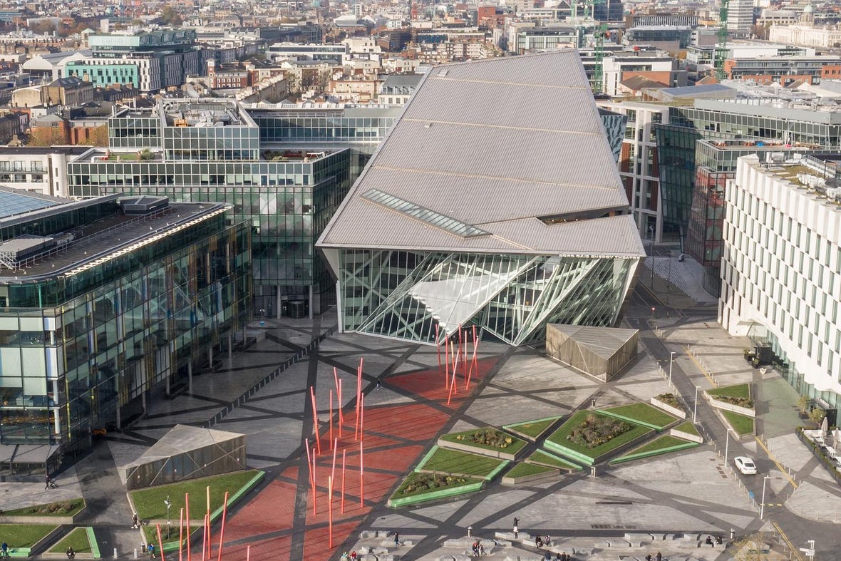 Capture the futuristic architecture of Dublin Docklands, also known as Silicon Docks.