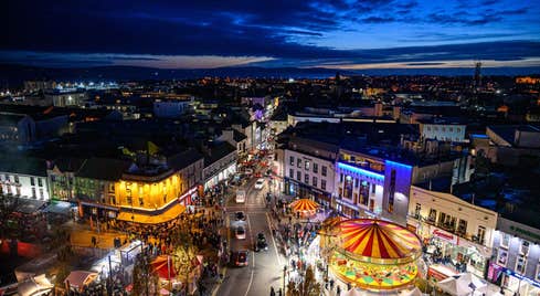 An aerial view of the Galway Christmas Market that takes over Eyre Square in Galway City.