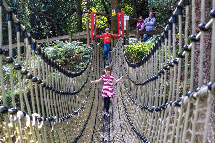 Children walking on a rope bridge while parents watch on