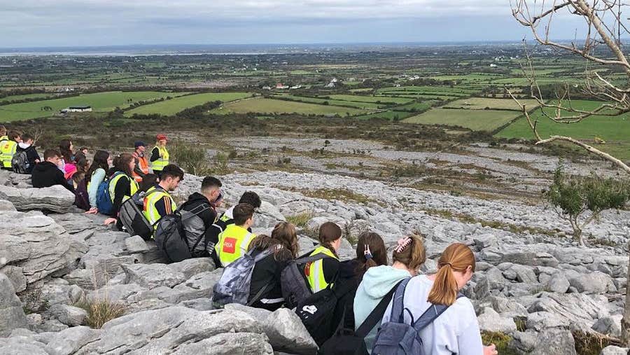 Burren Explore school group and a panoramic view of the valley