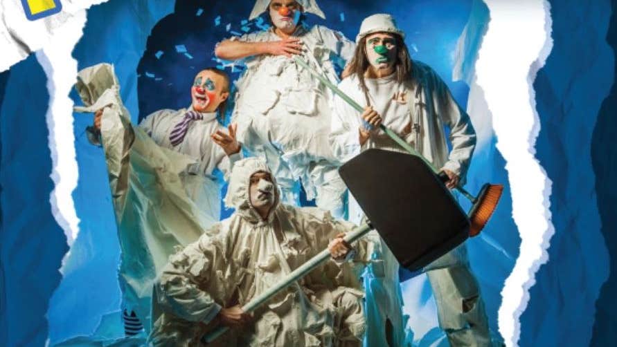 Mimirichi Clowns, 4 men dressed in white rag type outfits with painted faces and false noses holding various random items all with scowls type expressions on their faces