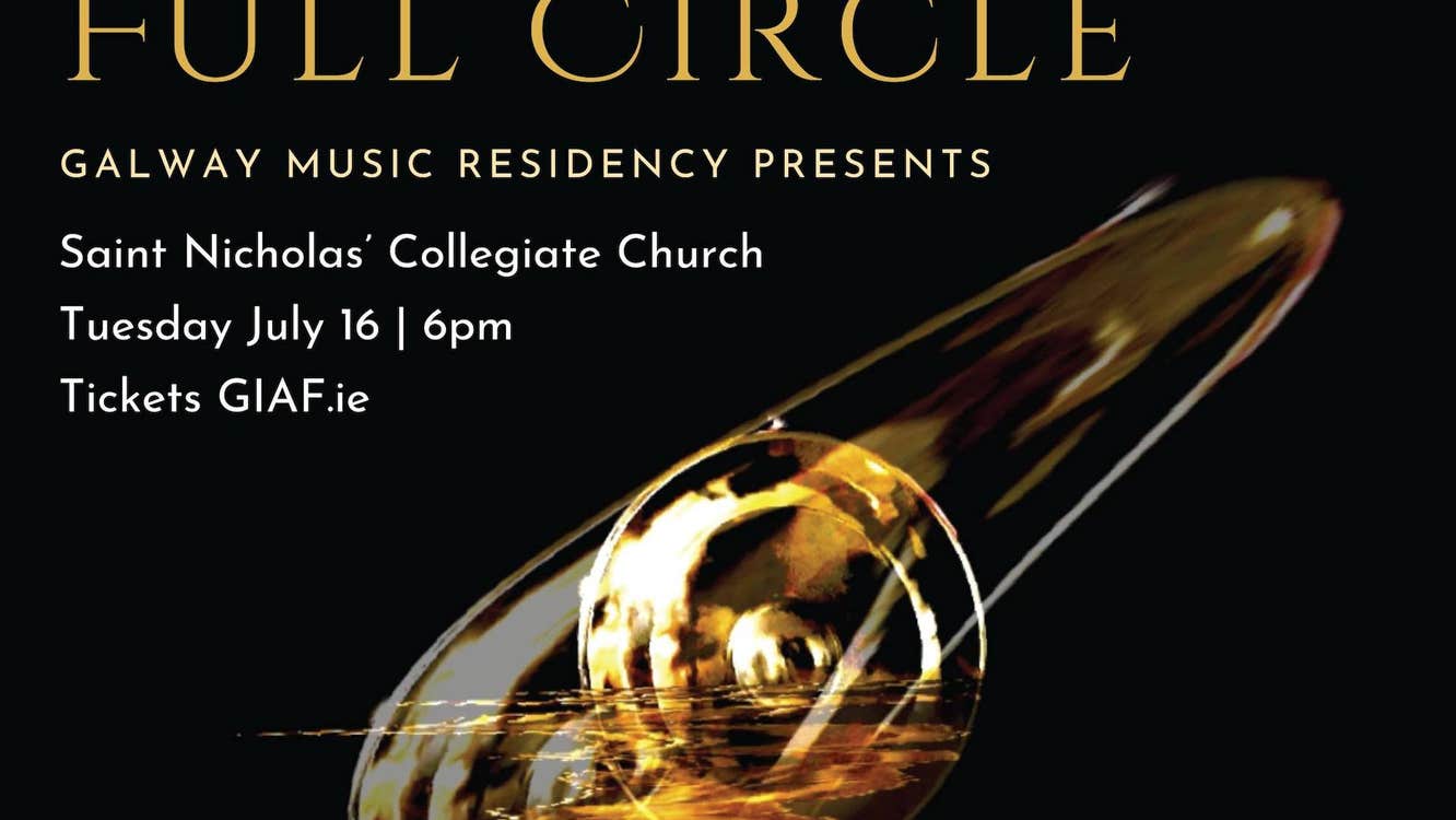 Black background with central image of see through gold object, event text above in pale yellow and grey.