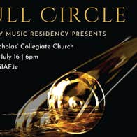 Black background with central image of see through gold object, event text above in pale yellow and grey.