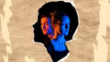 Play Poison by Lot Vekemans - silhouette of profile of a head in black containing faces for 2 sad people facing opposite directions.