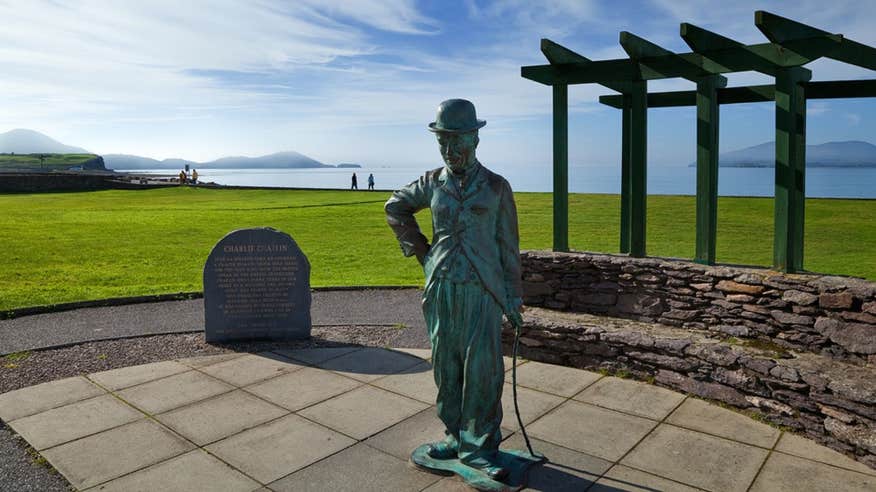 A statue of Charlie Chaplin beside the sea in Waterville, Co. Kerry