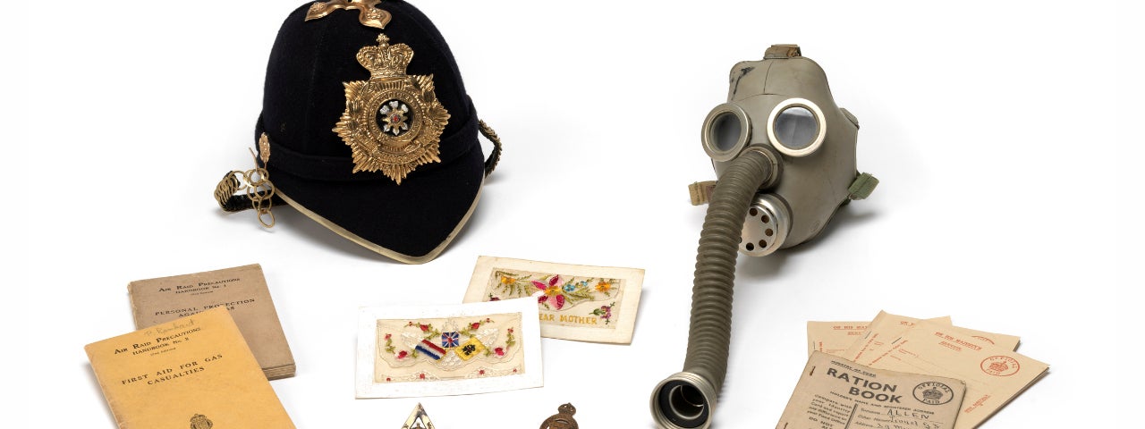 Royal Dublin Fusiliers Association Open Day, collection of different items including a gas mask, ration books and medals.