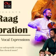 Part of poster for Raag Vibrations: Violin & Vocal Expressions, showing 2 different musicians playing drums or fiddle