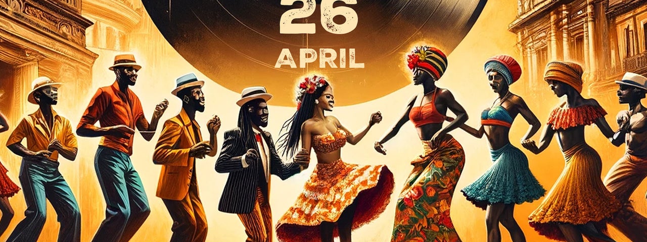 Drawn, colourful image of a line of people dancing facing towards a couple in the middle, all in muted shades of yellow, orange, browns and bluey greens.