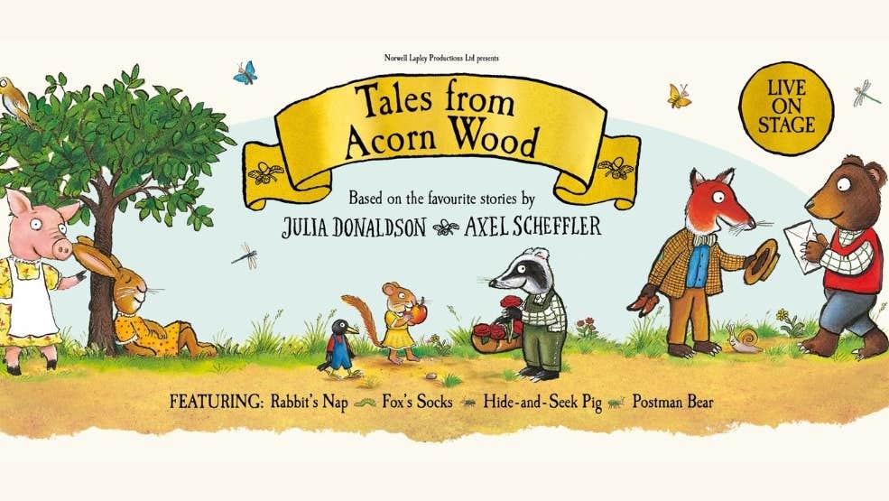 Poster for Tales from Acorn Wood with cartoon animals dressed in clothes like people.