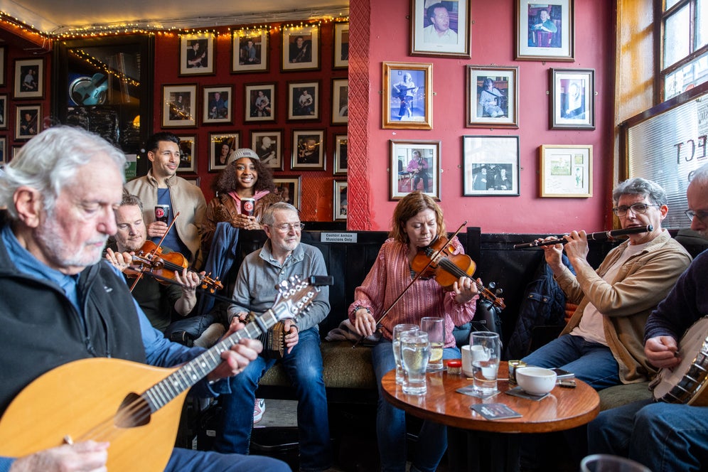 Trad session inside a Dublin pub.