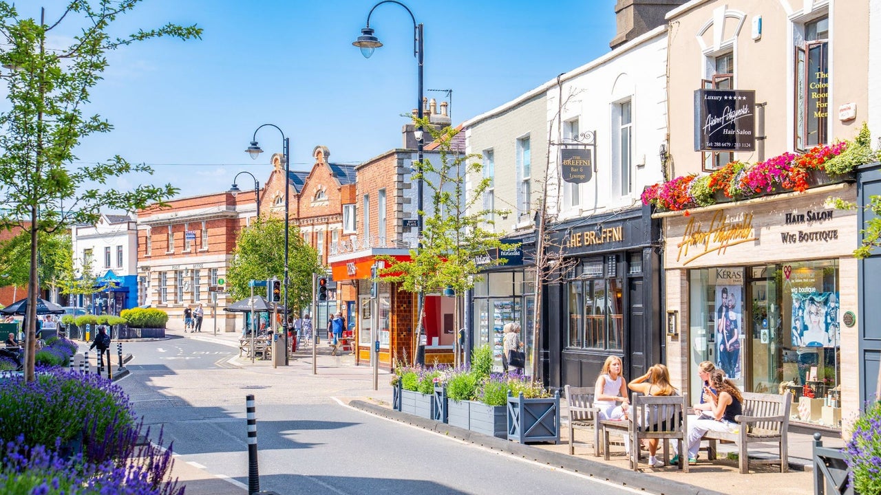 Colourful shopfronts on a Blackrock Village street with trees and planters