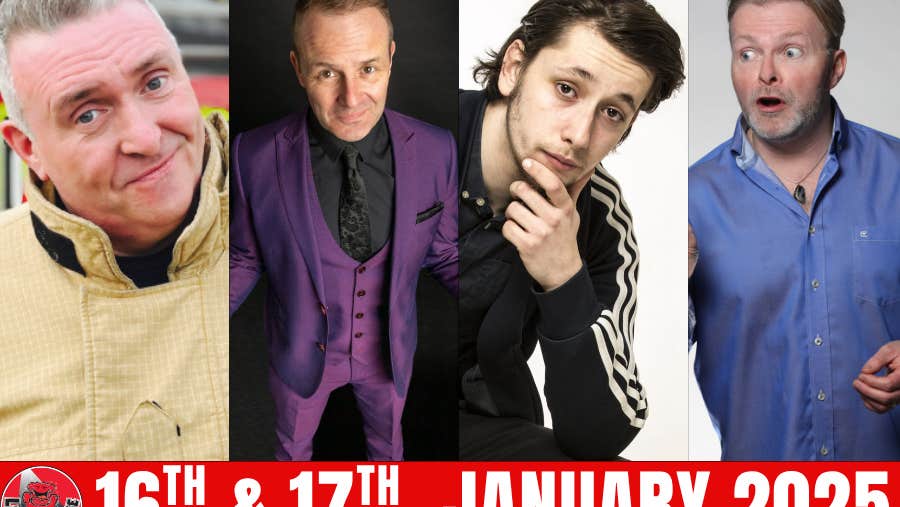 4 different comedians smiling or looking surprised.