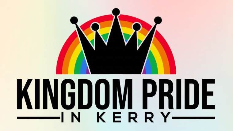 A colourful background with the Kingdom Pride rainbow logo in the centre and bold black writing
