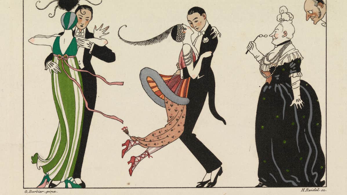 The day’s madness, La Folie du Jour George Barbier, Journal des Dames et des Modes, had drawn image of 2 couple dancing with older woman in big, dark dress looking on through hand held glasses