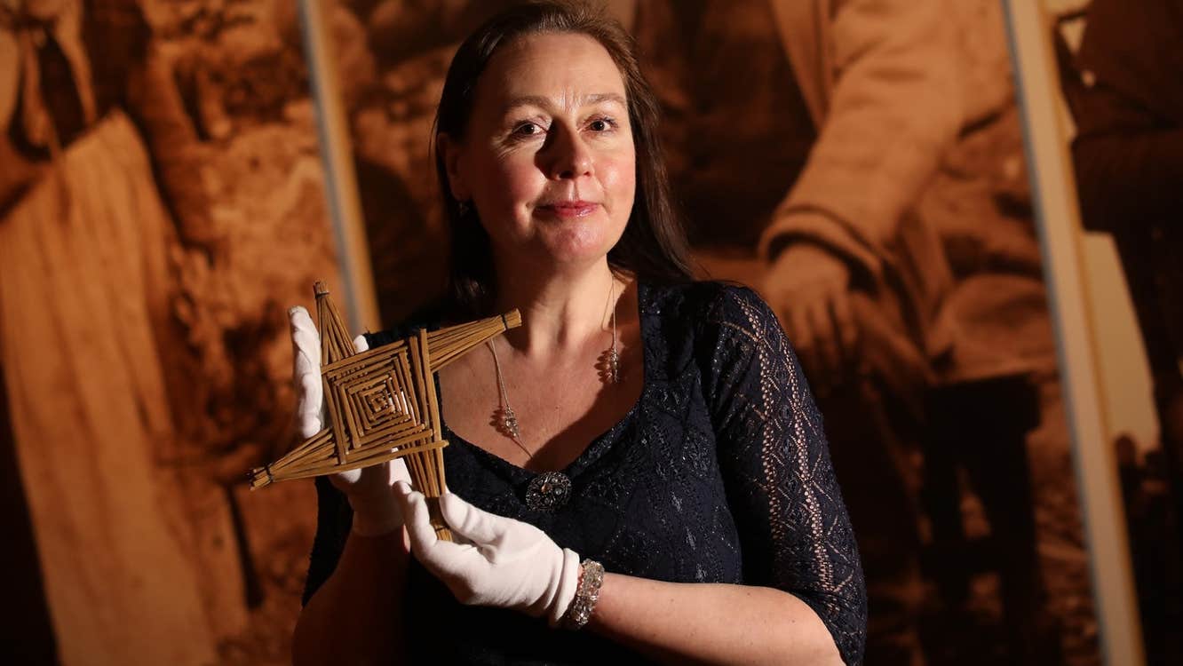 Four-armed St Brigid's cross, Brídeog and three-armed St Brigid's cross. NMI Collections F:1942.1887, F:1977.27 and F:1950.299