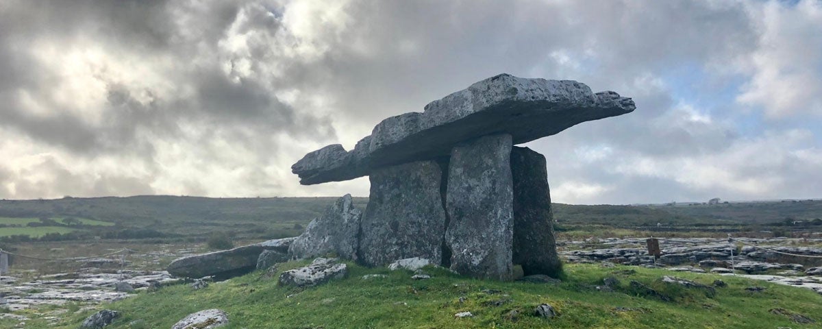 A view of the Poulnabrone Dolmen in the Burren in County Clare