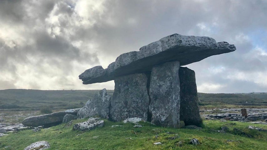 A view of the Poulnabrone Dolmen in the Burren in County Clare